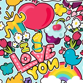 Love and gifts concept - I love you. Lettering with colored funny letters with flowers, cakes, balloon and gifts with rainbow on blue background. Funny backdrop. Vector illustration