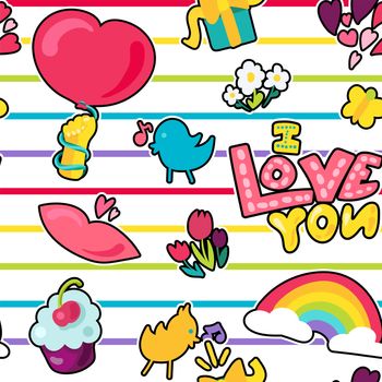 Vector Romantic Love Seamless Pattern in doodle style with shape. Girl fashion ornament. Nice cartoon background. Fun backdrop.