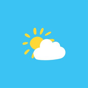 Cloud and sun flat color illustration. Sunny weather forecast. Sky hand drawn vector background