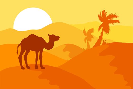 Desert landscape with camel, palm trees and sun. Vector