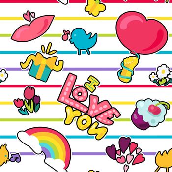 Vector Romantic Love Seamless Pattern in doodle style with shape. Girl fashion ornament. Nice cartoon background. Fun backdrop.