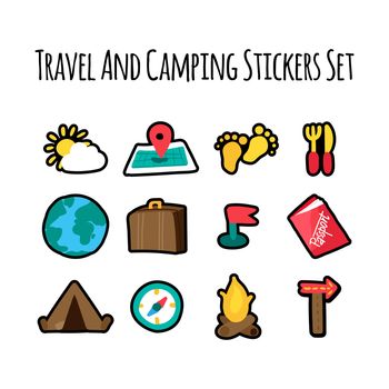Camping and traveling stcikers set. Tourism symbols and icons