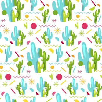 Fashion memphis stylish bright seamless pattern with cactus. Vector