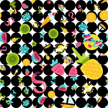 Vector Tropical Summer Seamless Pattern in doodle style with shape. Fruits and berries. Girl fashion sweet ornament design. Nice cartoon background. Fun wrap