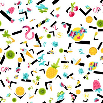 Vector Exotic Summer Seamless Pattern with shape. Fruits and berries. Girl fashion sweet ornament design. Beach cartoon background. Hot wrap
