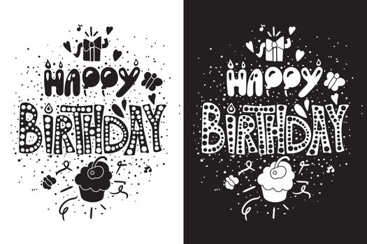 Happy Birthday Greeting Card in black white themes with gift and cupcake. Vector illustration