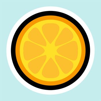Orange cartoon sticker. Sweet fruit label. Patch and print for t-shirt, fabric, clothes. Menu item. Juice and summer symbol. Vector