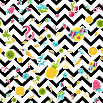 Vector Tropical Summer Seamless Pattern in doodle style with shape. Fruits and berries. Girl fashion sweet ornament design. Nice cartoon background. Fun wrap