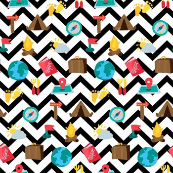 Cartoon travelling and camping seamless pattern. Hipster background. Vector