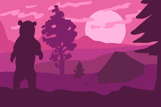 Bear silhouette in camp flat vector color illustration. Wildlife, nature minimalistic background