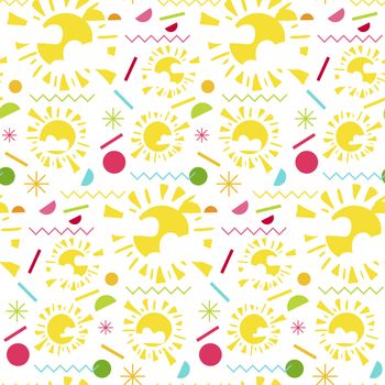 Fashion memphis stylish bright seamless pattern with sun. Vector