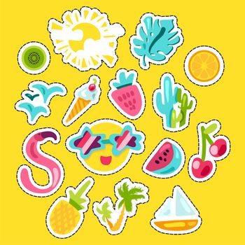 Vector Tropical Summer Patches Set in doodle style with shape. Fruits and berries. Girl fashion sweet patchworks design. Nice cartoon stickers. Fun badges