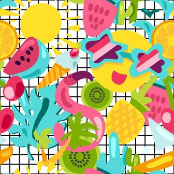 Vector Tropical Summer Seamless Pattern in doodle style with shape. Fruits and berries. Girl fashion sweet ornament design. Nice cartoon background. Fun wrap