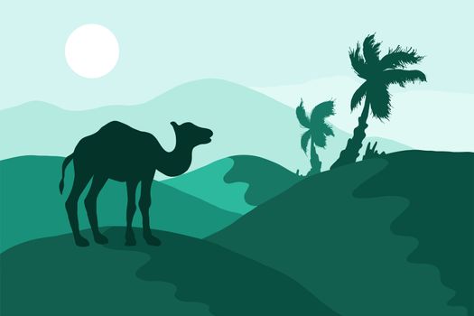 Desert landscape with camel, palm trees and sun in green colors. Vector