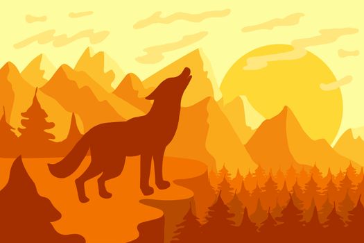 Howling at the moon wild wolf at sunrise or sunset in the mountain forest. Natural landscape with coniferous trees and rock. Landscape with wild terrain and cliff. Yellow, orange and brown colors. Vector