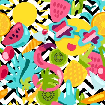 Vector Tropical Summer Seamless Pattern in doodle style with shape. Fruits and berries. Girl fashion sweet ornament design. Nice cartoon background. Fun wrap