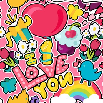 Vector Romantic Love Seamless Pattern in doodle style with shape. Girl fashion ornament. Nice cartoon background. Fun backdrop.