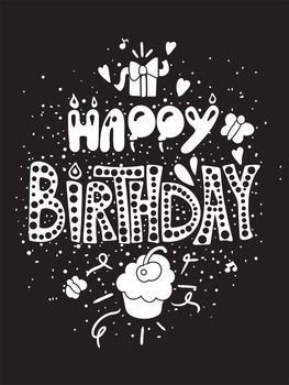 Happy Birthday Greeting Card in black white theme with gift and cupcake. Vintage style. Vector