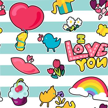 Vector Romantic Love Seamless Pattern in doodle style with shape. Girl fashion ornament. Nice cartoon background. Fun backdrop.