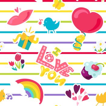 Vector Romantic Love Seamless Pattern in doodle style with shape. Girl fashion ornament. Nice cartoon background. Fun backdrop.