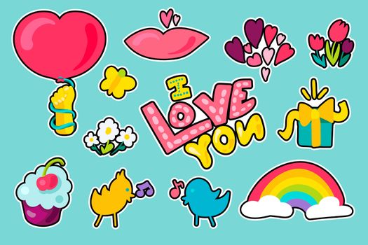 Vector Romantic Love Patches Set in doodle style with shape. Girl fashion patchworks design. Nice cartoon stickers. Fun badges.