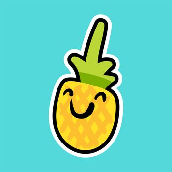 Pineapple cartoon sticker with smile. Sweet smiling fruit label. Patch and print for t-shirt, fabric, clothes. Menu item. Juice and summer symbol. Vector