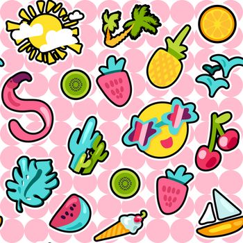 Vector Exotic Summer Seamless Pattern with shape. Fruits and berries. Girl fashion sweet ornament design. Beach cartoon background. Hot wrap