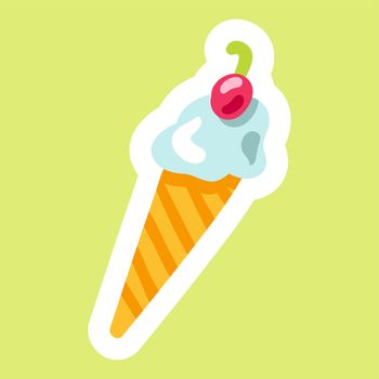 Sweet ice cream with cherry. Food sticker and patch. Summer symbol. Menu sign. Enjoyment icon. Vector