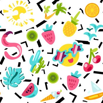 Vector Tropical Summer Seamless Pattern in doodle style with shape. Fruits and berries. Girl fashion sweet ornament design. Nice cartoon background. Fun wrap