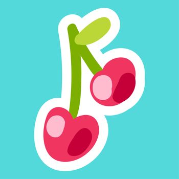 Cherry cartoon sticker. Nice berry. Girl fashion patch. Sweet and tasty natural food icon. Vector