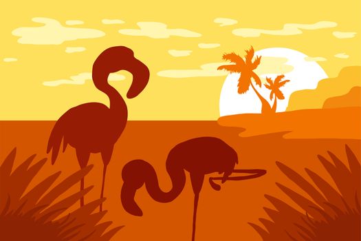 Morning on a tropical island. Standing in the water flamingo. Landscape with sea or ocean shore. Sunset in the tropics against the palm trees and the beach. Natural scenery. Yellow, orange and brown colors. Vector