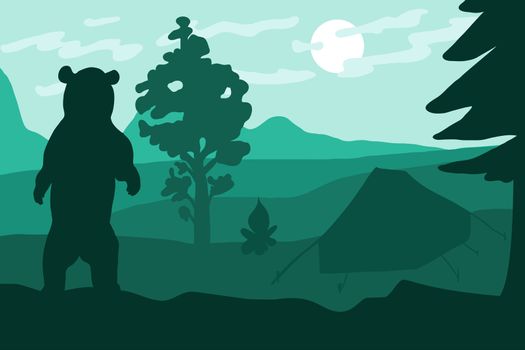 Standing wild bear in camping near forest and mountains. Outdoor landscape and panorama in green colors. Vector