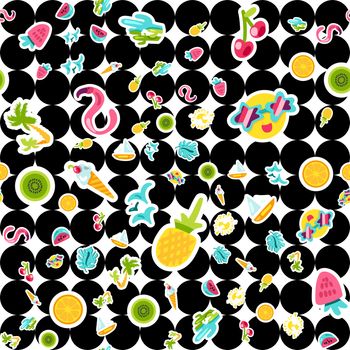 Vector Tropical Summer Seamless Pattern in doodle style with shape. Fruits and berries. Girl fashion sweet ornament design. Nice cartoon background. Fun wrap