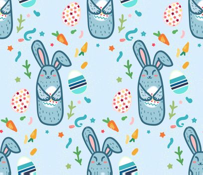Happy Easter Seamless Pattern with cute rabbit and eggs. Template for print, fabric, wrapping, wallpaper, greeting background. Vector