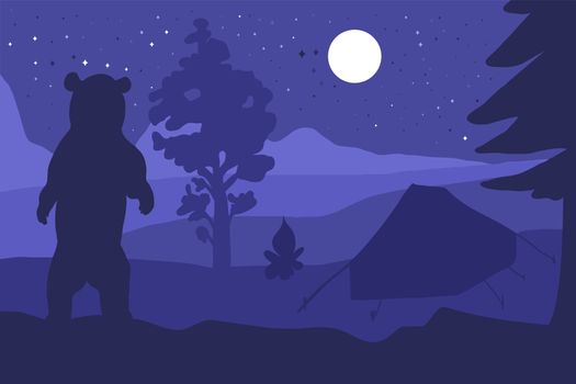 Walking Bear In Forest Mountain Camp. Tent under tree. Night with moon nature scene. Hills landscape. Tourism panorama. Vector