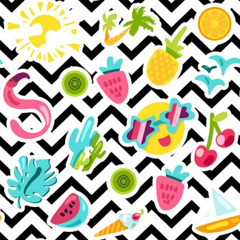 Summer beach and leisure ornament. Bright fashionable seamless pattern for printing on fabrics, paper and packaging. Fun, trendy background with waves of Memphis. Vector