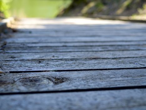 selective focus. wooden boardwalk near the lake surrounded by bare trees. Summer vacation background. Empty wooden pier with green lake in the background