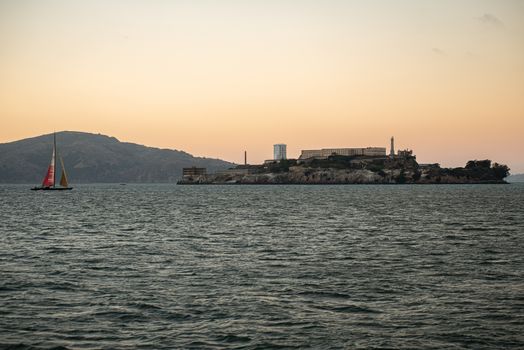  Alcatraz National Park lighthouse against the night sky. High quality photo