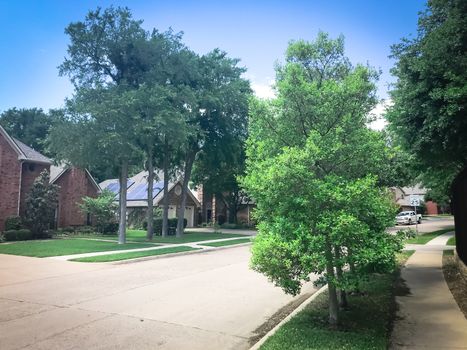 Shady concrete sidewalk pathway in residential neighborhood outside of Dallas, Texas, America. Row of single family houses surrounded by tall trees and solar panel roof.