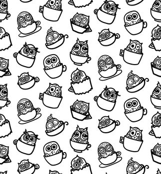 Hand Drawn Funny Owl in Cup. Owls seamless pattern for print, fabric, wrap and illustration, game, web and children's items. Good morning or good night. Vector