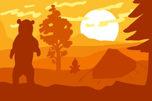 Wild Bear in forest camp. Mountains landscape with tent and campfire. Sunset and sunrise. Yellow and orange panorama. Big sun. Vector
