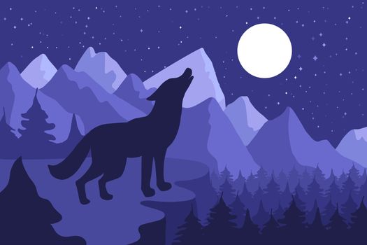 Wild Wolf Howling On The Hillside near forest and mountains. Outdoor nighr landscape and panorama with moon. Vector