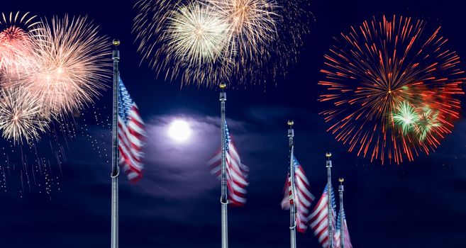 Composite of multiple firework explosions against dark blue sky with row of Stars and Stripes flags for Independence day celebrations