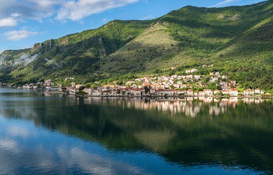 Small village of Prcanj on coastline of Gulf of Kotor in Montenegro