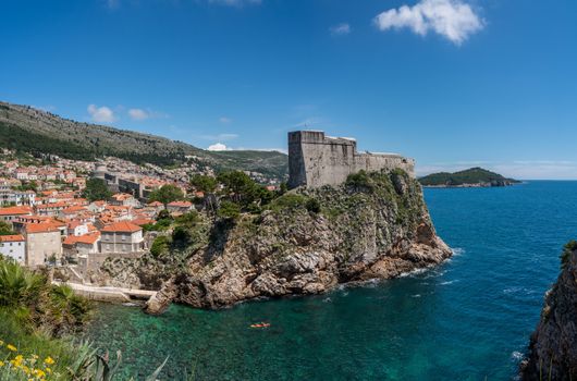 Panorama of the cliffside under Fort Lawrence and city walls of the old town in Dubrovnik