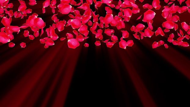 Rose petals falling from top to bottom in rays, computer generated. Rain of rose petals. 3d rendering of romantic background