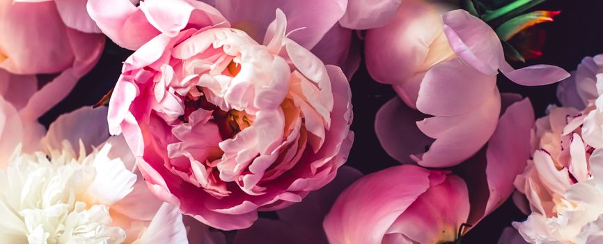 Pink peony flowers as floral art background, botanical flatlay and luxury branding design