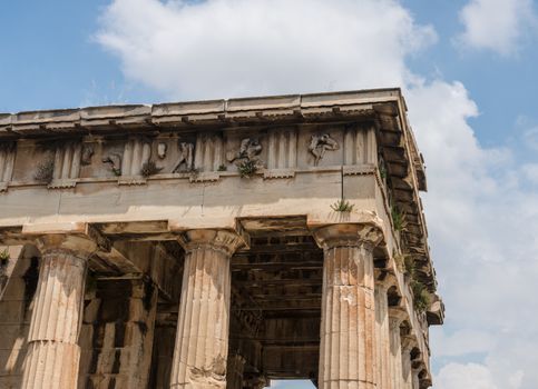 Detail of the columns and carving on Temple of Hephaestus in Greek Agora Athens