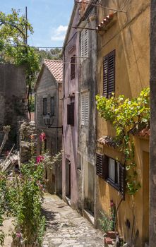 Narrow street with rustic houses and homes in the coastal town of Novigrad in Croatia