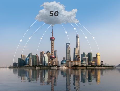 Cloud computing and internet data concept using panoramic view of Shanghai skyline